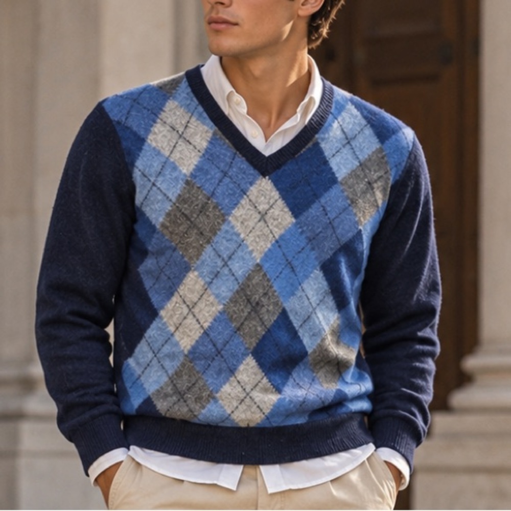 Vintage United Colors of Benetton Argyle V-Neck Sweater Wool Made in Italy - M